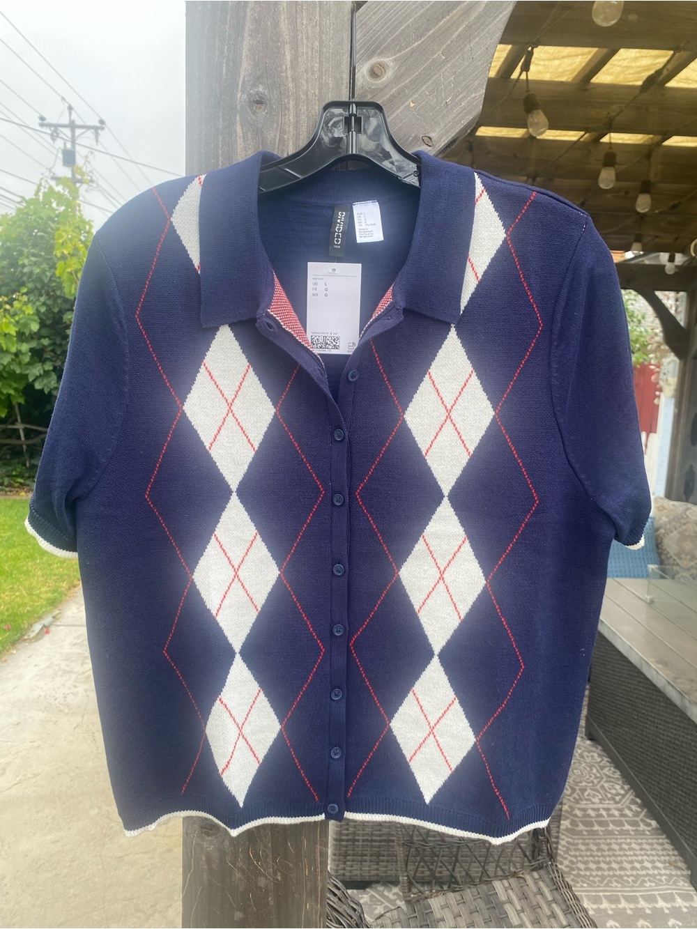 H&M NWT Navy Argyle Button-Front Polo Cardigan with White and Red Accents